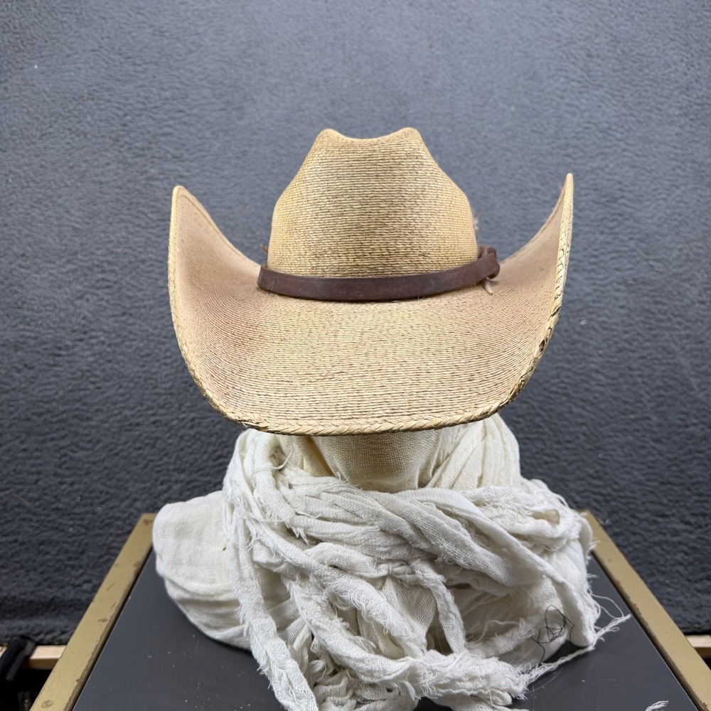Atwood Swenson Tan Palm Cord Cowboy Hat Feather Leather Band Size 6 7/8